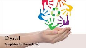  Presentation with global children - Audience pleasing slides consisting of spiral of colorful hand print backdrop and a coral colored foreground