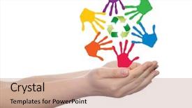  Presentation with colorful hand prints - Theme having spiral of colorful hand print background and a coral colored foreground