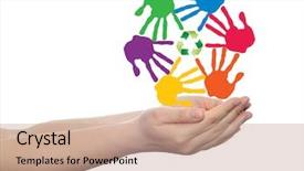  Presentation with colorful hand prints - Audience pleasing PPT theme consisting of spiral of colorful hand print backdrop and a coral colored foreground