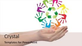  Presentation with colorful hand prints - Audience pleasing slide deck consisting of spiral of colorful hand print backdrop and a coral colored foreground