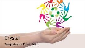  Presentation with global children - Slide deck featuring spiral of colorful hand print background and a coral colored foreground