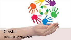  Presentation with colorful hand prints - PPT theme enhanced with spiral of colorful hand print background and a coral colored foreground