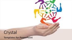  Presentation with colorful hand prints - Slide set featuring spiral of colorful hand print background and a coral colored foreground