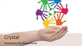  Presentation with colorful hand prints - Colorful PPT theme enhanced with spiral of colorful hand print backdrop and a coral colored foreground
