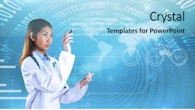  Presentation with asian doctor - Slide set enhanced with spiral of shiny binary background and a light blue colored foreground