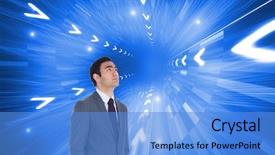  Presentation with businessman standing on maze - Cool new slides with spiral up arrow - composite image of unsmiling businessman backdrop and a  colored foreground