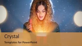  Presentation with cute - Colorful PPT layouts enhanced with spiritual gifts - cute brunette young woman holding backdrop and a gold colored foreground