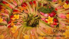  Presentation with balinese traditional dance barong - PPT theme consisting of spiritual gifts - traditional balinese offerings to gods background and a gold colored foreground