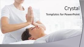  Presentation with reiki - PPT theme having spiritual healing - female therapist giving reiki treatment background and a white colored foreground