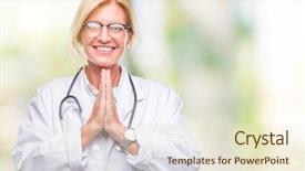  Presentation with praying hands - PPT layouts with spiritual hospital - middle age blonde doctor woman background and a  colored foreground