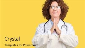  Presentation with praying hands - PPT theme enhanced with spiritual hospital - middle ager senior doctor woman background and a  colored foreground
