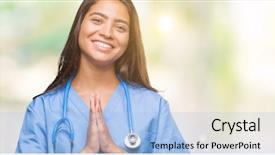  Presentation with praying hands - Presentation having spiritual medical - young arab doctor surgeon woman background and a light blue colored foreground