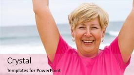  Presentation with spiritual - Audience pleasing PPT theme consisting of spiritual people - happy elderly woman doing exercise backdrop and a coral colored foreground