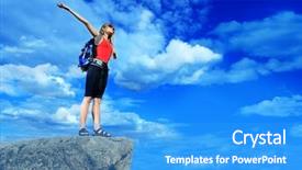  Presentation with mountain top - Audience pleasing slide deck consisting of spiritual people - woman tourist is standing backdrop and a teal colored foreground