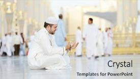  Presentation with islamic muslim - PPT layouts featuring spiritual race - muslim praying at medina holy background and a light gray colored foreground