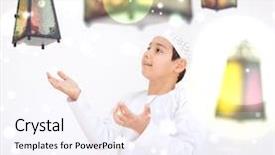  Presentation with woman muslim - Slides featuring spiritual race - muslim woman hands up background and a sky blue colored foreground