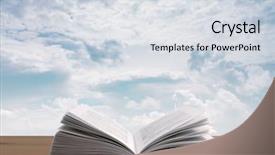  Presentation with book holy bible table - Colorful presentation design enhanced with spirituality education - book on wooden table backdrop and a sky blue colored foreground