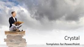  Presentation with stack of old books - Amazing presentation theme having spirituality education - young attractive businesswoman sitting backdrop and a white colored foreground