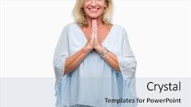  Presentation with praying hands - Amazing PPT layouts having spirituality job - middle age blonde business woman backdrop and a light blue colored foreground