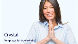  Presentation with praying hands - Audience pleasing theme consisting of spirituality job - young asian business woman backdrop and a sky blue colored foreground