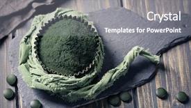 Presentation with spirulina - Amazing slide set having tablet powders - spirulina powder on a wooden backdrop and a gray colored foreground
