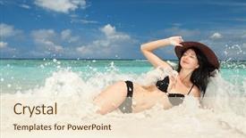  Presentation with rest - Presentation design consisting of splash sea - happy woman rest background and a  colored foreground