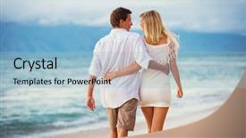  Presentation with tropical beach sunset - PPT theme having splash sea - romantic couple enjoying sunset background and a light blue colored foreground
