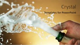  Presentation with celebration life - Theme having splashing champagne wine from bottle celebration still life new year's eve holiday background and a yellow colored foreground