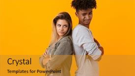  Presentation with upset - Colorful slide set enhanced with split coupling - portrait of an upset multiethnic backdrop and a gold colored foreground