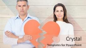  Presentation with break up broken heart - Presentation theme with split coupling - portrait of sad mature couple background and a coral colored foreground