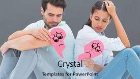 Presentation with broken heart - Beautiful PPT theme featuring split coupling - sad couple sitting holding two backdrop and a light blue colored foreground