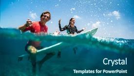  Presentation with black couple having fun - Presentation design having split coupling - young couple of surfers having background and a ocean colored foreground