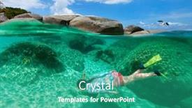  Presentation with virgin islands - Audience pleasing slides consisting of split photo of young woman snorkeling in turquoise ocean water granite boulders on virgin gorda british virgin islands caribbean backdrop and a teal colored foreground