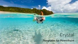 Presentation with caribbean - Audience pleasing presentation design consisting of split photo of young woman snorkeling in turquoise ocean at caribbean backdrop and a light blue colored foreground