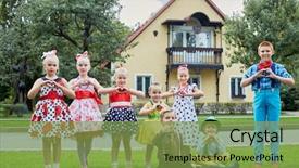  Presentation with bright - Beautiful theme featuring road split - five girls and three boys backdrop and a seafoam green colored foreground