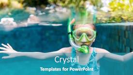  Presentation with luxury resort - PPT theme featuring split underwater photo of adorable little girl at luxury resort swimming pool having fun during summer vacation background and a teal colored foreground
