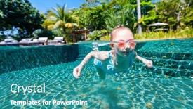  Presentation with luxury resort - Cool new presentation design with split underwater photo of adorable little girl at luxury resort swimming pool having fun during summer vacation backdrop and a teal colored foreground