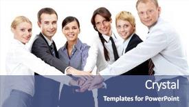  Presentation with team hands - PPT layouts featuring spokesperson - portrait of friendly business team background and a ocean colored foreground
