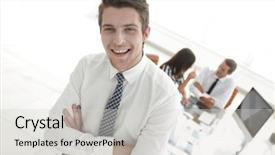  Presentation with successful - Audience pleasing slide deck consisting of spokesperson - successful businessman on background backdrop and a  colored foreground