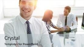  Presentation with successful - Slides enhanced with spokesperson - successful businessman on background background and a  colored foreground