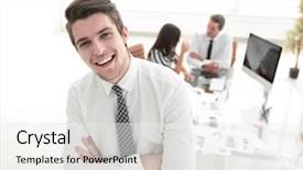  Presentation with successful women entrepreneurs - Amazing presentation design having spokesperson - successful businessman on background backdrop and a  colored foreground