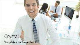  Presentation with successful - Theme having spokesperson - successful businessman on background background and a  colored foreground