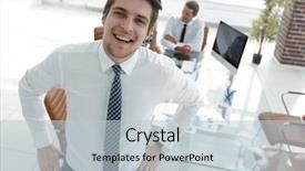  Presentation with successful women entrepreneurs - PPT theme featuring spokesperson - successful businessman on background background and a  colored foreground