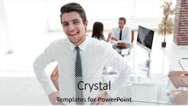  Presentation with successful - Presentation design consisting of spokesperson - successful businessman on background background and a light gray colored foreground