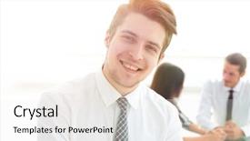  Presentation with successful - Colorful slide deck enhanced with spokesperson - successful businessman on background backdrop and a white colored foreground