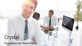  Presentation with successful - Presentation design enhanced with spokesperson - successful businessman on background background and a sky blue colored foreground