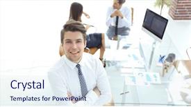  Presentation with success successful courageous successful - Amazing presentation design having spokesperson - successful businessman on background backdrop and a  colored foreground