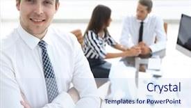  Presentation with successful - Audience pleasing theme consisting of spokesperson - successful businessman on background backdrop and a  colored foreground