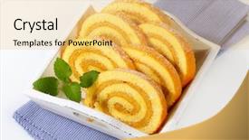 Presentation with linen - Cool new slide deck with sponge cake roulade with cream filling in a wooden tray with blue linen backdrop and a yellow colored foreground
