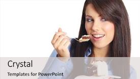  Presentation with eating - Slides featuring spongecake - businesswoman wearing blue shirt eating background and a light gray colored foreground